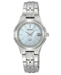 A touch of sky goes a long way: a solar-powered timepiece by Seiko. Stainless steel bracelet and round case. Mother-of-pearl dial features silver-tone three hands, applied stick indices at markers, date window at three o'clock, and logo at twelve o'clock. Solar-powered quartz movement. Water resistant to 100 meters. Three-year limited warranty. A touch of sky goes a long way: a solar-powered timepiece by Seiko. Stainless steel bracelet and round case. Mother-of-pearl dial features silver-tone three hands, applied stick indices at markers, date window at three o'clock, and logo at twelve o'clock. Solar-powered quartz movement. Water resistant to 100 meters. Three-year limited warranty.