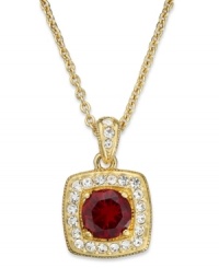 Paint the town red. This pendant necklace from Eliot Danori is crafted from 18k gold-plated brass with a red crystal framed by sparkling cubic zirconias. (1 ct. t.w.) Approximate length: 16 inches + 2-inch extender. Approximate drop: 1/2 inch. Paint the town red. This pendant necklace from Eliot Danori is crafted from 18k gold-plated brass with a red crystal framed by sparkling cubic zirconias. (1 ct. t.w.) Approximate length: 16 inches + 2-inch extender. Approximate drop: 1/2 inch.