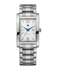 Even classics can use a modern punch. This handsome Tommy Hilfiger watch catches eyes with unexpected blue accents. Silvertone mixed metal bracelet and rectangular case. Textured dial features silvertone stick indices, numerals at twelve and six o'clock, date window at three o'clock, iconic flag logo and bright blue hands. Quartz movement. Water resistant to 30 meters. Ten-year limited warranty. Even classics can use a modern punch. This handsome Tommy Hilfiger watch catches eyes with unexpected blue accents. Silvertone mixed metal bracelet and rectangular case. Textured dial features silvertone stick indices, numerals at twelve and six o'clock, date window at three o'clock, iconic flag logo and bright blue hands. Quartz movement. Water resistant to 30 meters. Ten-year limited warranty.