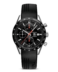 A legendary chronograph. The Carrera Panamericana was an epic race that was started in the 1950s and attracted many of the leading drivers of the time. Juan Manuel Fangio, the famous Argentinian driver who was Formula 1 World Champion five times, won the race in 1953. To pay tribute to this unique adventure, in 1963 TAG Heuer launched the Carrera Chronograph that combined refinement with the spirit of sport. With black dial and a black polished aluminum bezel. Features a date window. A legendary chronograph. The Carrera Panamericana was an epic race that was started in the 1950s and attracted many of the leading drivers of the time. Juan Manuel Fangio, the famous Argentinian driver who was Formula 1 World Champion five times, won the race in 1953. To pay tribute to this unique adventure, in 1963 TAG Heuer launched the Carrera Chronograph that combined refinement with the spirit of sport. With black dial and a black polished aluminum bezel. Features a date window.