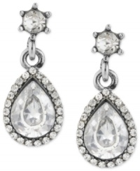 Timeless appeal. Betsey Johnson blends the contemporary with a classic look in this pair of teardrop earrings. Crafted from silver-tone mixed metal, the pair dazzles with glass crystal pave accents. Approximate drop: 1 inch. Timeless appeal. Betsey Johnson blends the contemporary with a classic look in this pair of teardrop earrings. Crafted from silver-tone mixed metal, the pair dazzles with glass crystal pave accents. Approximate drop: 1 inch.
