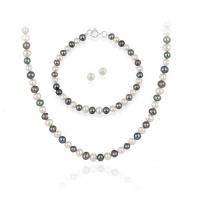 Sterling Silver 5.5-6mm Genuine Freshwater Cultured Multi-Color Pearl Necklace Bracelet & Stud Earring Set Sterling Silver 5.5-6mm Genuine Freshwater Cultured Multi-Color Pearl Necklace Bracelet & Stud Earring Set
