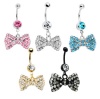 5 Pieces Belly Ring Bow Set Belly Button Ring Gem Bow Crystals Lot (Pink, Aqua, Black, Clear, Gold) 316L Surgical Steel 14 Guage - 5 Pieces + 1 Free Belly Retainer