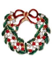 Display your joy for the holidays with Charter Club's wreath pin. Lovely touches of clear and red crystals and green epoxy start the season off right. Crafted in gold tone mixed metal. Approximate diameter: 1-1/2 inches. Display your joy for the holidays with Charter Club's wreath pin. Lovely touches of clear and red crystals and green epoxy start the season off right. Crafted in gold tone mixed metal. Approximate diameter: 1-1/2 inches.