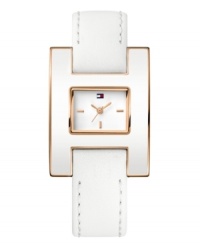 Pristine and refined styling from Tommy Hilfiger. Watch crafted of white calf leather strap and rectangular white enamel and rose-gold tone stainless steel case. White dial features rose-gold tone stick indices, three hands and iconic flag logo at twelve o'clock. Quartz movement. Water resistant to 30 meters. Ten-year limited warranty. Pristine and refined styling from Tommy Hilfiger. Watch crafted of white calf leather strap and rectangular white enamel and rose-gold tone stainless steel case. White dial features rose-gold tone stick indices, three hands and iconic flag logo at twelve o'clock. Quartz movement. Water resistant to 30 meters. Ten-year limited warranty.