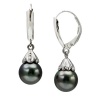 14K White Gold Diamond Illusion Flower design Cup with a 9-10mm perfect Round Black South Sea Tahitian Pearl High Luster and 14 k White Gold Lever Back Dangle Earring AAA Quality.