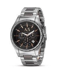 Armani Exchange adds rose gold accents to a sleek stainless steel bracelet to create directional detail. Roll-up your sleeves to show off this striking style. Armani Exchange adds rose gold accents to a sleek stainless steel bracelet to create directional detail. Roll-up your sleeves to show off this striking style.