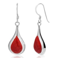 925 Sterling Silver Red Sea Bamboo Coral Inlay Puffed Teardrop Dangle Hook Earrings 1.4'' Fashion Jewelry for Women, Teens - Nickel Free