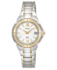 Enduring style and solar power make this Seiko watch a lifetime favorite. Brushed and polished two-tone stainless steel bracelet and round case, 28mm. White dial features applied gold tone Roman numerals at twelve and six o'clock, stick indices, minute track, date window at three o'clock, LumiBrite hands and logo. Solar-powered quartz movement. Water resistant to 100 meters. Three-year limited warranty. Enduring style and solar power make this Seiko watch a lifetime favorite. Brushed and polished two-tone stainless steel bracelet and round case, 28mm. White dial features applied gold tone Roman numerals at twelve and six o'clock, stick indices, minute track, date window at three o'clock, LumiBrite hands and logo. Solar-powered quartz movement. Water resistant to 100 meters. Three-year limited warranty.