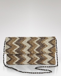 Effervescent metallic beads in a zig-zag pattern shine on this polished MOYNA clutch, while its slim, flap silhouette gives the striking piece a modern ease. Effervescent metallic beads in a zig-zag pattern shine on this polished MOYNA clutch, while its slim, flap silhouette gives the striking piece a modern ease.
