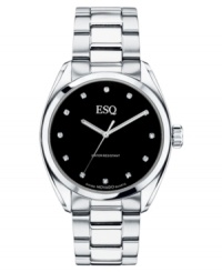 A pristine dress watch that will last a lifetime. This ESQ by Movado watch features a stainless steel bracelet and round case. Black dial with logo and diamond accents at markers. Swiss made. Swiss quartz movement. Water resistant to 30 meters. Two-year limited warranty. A pristine dress watch that will last a lifetime. This ESQ by Movado watch features a stainless steel bracelet and round case. Black dial with logo and diamond accents at markers. Swiss made. Swiss quartz movement. Water resistant to 30 meters. Two-year limited warranty.