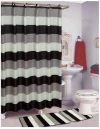 BLACK & GRAY STRIPES FABRIC SHOWER CURTAIN, FABRIC COVERED RINGS, AREA RUG & CONTOUR RUG SET BLACK & GRAY STRIPES FABRIC SHOWER CURTAIN, FABRIC COVERED RINGS, AREA RUG & CONTOUR RUG SET