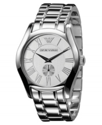 A handsome vintage-inspired watch from Emporio Armani, with distinguished and durable crafting. Silvertone stainless steel bracelet and round case. Round white dial with subdial, logo and roman numeral indices. Quartz movement. Water resistant to 30 meters. Two-year limited warranty.
