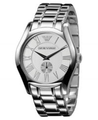A handsome vintage-inspired watch from Emporio Armani, with distinguished and durable crafting. Silvertone stainless steel bracelet and round case. Round white dial with subdial, logo and roman numeral indices. Quartz movement. Water resistant to 30 meters. Two-year limited warranty. A handsome vintage-inspired watch from Emporio Armani, with distinguished and durable crafting. Silvertone stainless steel bracelet and round case. Round white dial with subdial, logo and roman numeral indices. Quartz movement. Water resistant to 30 meters. Two-year limited warranty.