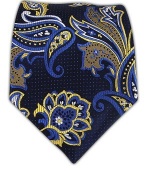 100% Silk Woven Navy and Gold Pin Paisley Tie