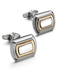 The perfect pairing for the classic business man. These sleek rectangular cuff links feature rounded ends and a two-tone design. Set in sterling silver with 14k gold accents. Approximate length: 5/8 inch. Approximate width: 3/8 inch. The perfect pairing for the classic business man. These sleek rectangular cuff links feature rounded ends and a two-tone design. Set in sterling silver with 14k gold accents. Approximate length: 5/8 inch. Approximate width: 3/8 inch.