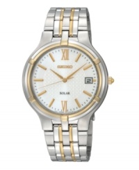 Classically handsome two tone link design pairs with solar technology in this exclusive Seiko watch offering ten-month energy storage, quick start function and energy depletion warning. Two tone mixed metal bracelet and round case, 37mm. Patterned white dial features luminous hands, goldtone stick indices, Roman numerals at twelve and six o'clock, date window at three o'clock and logo. Solar quartz movement. Water resistant to 30 meters. Three-year limited warranty. A Macy's exclusive. Classically handsome two tone link design pairs with solar technology in this exclusive Seiko watch offering ten-month energy storage, quick start function and energy depletion warning. Two tone mixed metal bracelet and round case, 37mm. Patterned white dial features luminous hands, goldtone stick indices, Roman numerals at twelve and six o'clock, date window at three o'clock and logo. Solar quartz movement. Water resistant to 30 meters. Three-year limited warranty. A Macy's exclusive.