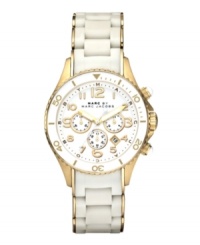 Distinct styling by Marc by Marc Jacobs creates a watch perfect for corporate and casual life. Gold ion-plated stainless steel bracelet wrapped with white silicone. Round gold ion-plated case with white turning bezel. White chronograph dial features outer logo ring, gold tone numerals at markers, date windows, three subdials, luminous hands, logo and gold tone accents. Quartz movement. Water resistant to 50 meters. Two-year limited warranty. Distinct styling by Marc by Marc Jacobs creates a watch perfect for corporate and casual life. Gold ion-plated stainless steel bracelet wrapped with white silicone. Round gold ion-plated case with white turning bezel. White chronograph dial features outer logo ring, gold tone numerals at markers, date windows, three subdials, luminous hands, logo and gold tone accents. Quartz movement. Water resistant to 50 meters. Two-year limited warranty.