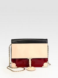 An instantly chic flap-top design of polished patent and paneled Saffiano leather, finished with a goldtone chain strap. Chain shoulder strap, 21 dropMagnetic flap closureTwo outside open pockets under flapOne inside zip pocketThree inside open pocketsFully lined9¾W X 8H X 2½DMade in Italy An instantly chic flap-top design of polished patent and paneled Saffiano leather, finished with a goldtone chain strap. Chain shoulder strap, 21 dropMagnetic flap closureTwo outside open pockets under flapOne inside zip pocketThree inside open pocketsFully lined9¾W X 8H X 2½DMade in Italy