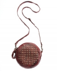 Studded with Frye's modern-western style, this canteen-inspired crossbody purse is bold with hammered hardware and a chic round shape. Studded with Frye's modern-western style, this canteen-inspired crossbody purse is bold with hammered hardware and a chic round shape.