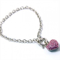 Designer Inspired Pink Crystal Puff Heart Charm Toggle Bracelet - White Gold Plated Designer Inspired Pink Crystal Puff Heart Charm Toggle Bracelet - White Gold Plated