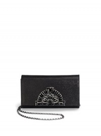 THE LOOKRemovable crossbody chainCompact rectangular shapeIntricate front crystal-accented buckleMagnetic snap flap closureOne inside open pocketInside logo detailTHE MEASUREMENTCrossbody chain, 23 drop6½W X 4½H X 2DTHE MATERIALCrystalsFabricFully linedORIGINMade in Italy THE LOOKRemovable crossbody chainCompact rectangular shapeIntricate front crystal-accented buckleMagnetic snap flap closureOne inside open pocketInside logo detailTHE MEASUREMENTCrossbody chain, 23 drop6½W X 4½H X 2DTHE MATERIALCrystalsFabricFully linedORIGINMade in Italy