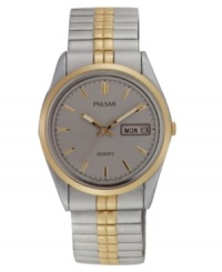 Slate grey makes a handsome finish on this men's watch from Pulsar. Grey stainless steel bracelet and round case with goldtone accents. Round grey dial with logo, date window and stick indices. Quartz movement. Water resistant to 30 meters. Three-year limited warranty. Slate grey makes a handsome finish on this men's watch from Pulsar. Grey stainless steel bracelet and round case with goldtone accents. Round grey dial with logo, date window and stick indices. Quartz movement. Water resistant to 30 meters. Three-year limited warranty.