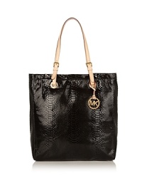 Look chic on the weekends with an oversized tote in glazed python-embossed leather. Vachetta trim, double shoulder straps, gold-tone hardware. Top magnetic snap closure with interior zip and additional pockets. Lined. Look chic on the weekends with an oversized tote in glazed python-embossed leather. Vachetta trim, double shoulder straps, gold-tone hardware. Top magnetic snap closure with interior zip and additional pockets. Lined.