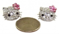 Large 3/4 Kitty Stud Earrings with Dazzling Genuine Austrian Crystals and Pink Flower Bow - Silver Plated Large 3/4 Kitty Stud Earrings with Dazzling Genuine Austrian Crystals and Pink Flower Bow - Silver Plated