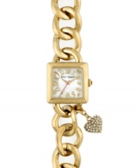 Love is charming. Remind yourself with this sweet watch by Betsey Johnson. Gold tone stainless steel charm bracelet and square case. Crystal-accented heart charm hangs from case. White dial features large tonal heart graphic at center, applied gold tone numerals, crystal-accented hearts, signature fuchsia second hand and logo. Quartz movement. Water resistant to 30 meters. Two-year limited warranty. Love is charming. Remind yourself with this sweet watch by Betsey Johnson. Gold tone stainless steel charm bracelet and square case. Crystal-accented heart charm hangs from case. White dial features large tonal heart graphic at center, applied gold tone numerals, crystal-accented hearts, signature fuchsia second hand and logo. Quartz movement. Water resistant to 30 meters. Two-year limited warranty.