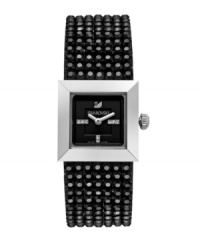 Electrifying elegance. Take drama to a new height with this Elis watch by Swarovski. Jet crystal mesh bracelet and square stainless steel case. Black dial features Swarovski crystal elements set in silver tone markers, logo at twelve o'clock and two hands. Swiss quartz movement. Water resistant to 30 meters. Two-year limited warranty. Electrifying elegance. Take drama to a new height with this Elis watch by Swarovski. Jet crystal mesh bracelet and square stainless steel case. Black dial features Swarovski crystal elements set in silver tone markers, logo at twelve o'clock and two hands. Swiss quartz movement. Water resistant to 30 meters. Two-year limited warranty.