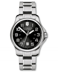 A watch fit for a gentlemen, this Victorinox Swiss Army Officer's watch features a stainless steel bracelet and round case. Black dial with silvertone numerals, logo and date window. Swiss made. Swiss movement. Water resistant to 100 meters. Three-year limited warranty. A watch fit for a gentlemen, this Victorinox Swiss Army Officer's watch features a stainless steel bracelet and round case. Black dial with silvertone numerals, logo and date window. Swiss made. Swiss movement. Water resistant to 100 meters. Three-year limited warranty.