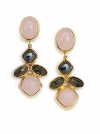 THE LOOK14k goldplated brass drop silhouetteOval and cushion cut details Pink quartz, hematite, labradorite and amethyst gemstonesClip-onTHE MEASUREMENTDrop, about 3¾ORIGINMade in USA THE LOOK14k goldplated brass drop silhouetteOval and cushion cut details Pink quartz, hematite, labradorite and amethyst gemstonesClip-onTHE MEASUREMENTDrop, about 3¾ORIGINMade in USA