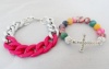 Set 2 Chunky Link Bracelet Hot Pink Links & Rainbow Cross Bracelet