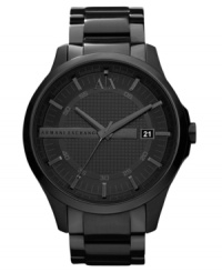 A stylish contradiction, this shadowy watch from AX Armani Exchange stands out in a crowd. A stylish contradiction, this shadowy watch from AX Armani Exchange stands out in a crowd.