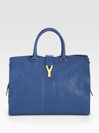 An elegant top handle bag of rich leather, finished with signature hardware and stitching.Double top handles, 5½ drop Goldtone hardware Front zip closure and magnetic snap flap closures One zip pocket Two inside open pockets Metal feet Cotton lining 15½W X 12H X 6½D Made in Italy An elegant top handle bag of rich leather, finished with signature hardware and stitching.Double top handles, 5½ drop Goldtone hardware Front zip closure and magnetic snap flap closures One zip pocket Two inside open pockets Metal feet Cotton lining 15½W X 12H X 6½D Made in Italy