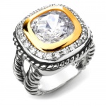 Double Cable Band Ring with Cushion Cut Grade AAAAA CZ & Pave. 18K White Gold Filled.
