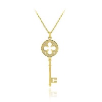 Gold Tone over Sterling Silver Designer Inspired CZ Four Leaf Clover Key Pendant Gold Tone over Sterling Silver Designer Inspired CZ Four Leaf Clover Key Pendant