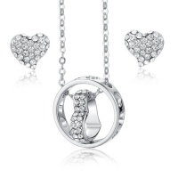 Eternal Love Heart and Ring W Clear Sparkling Rhinestones Pendant Necklace and Earrings Set for Women Silver Tone 3020101