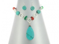 Winnity Turquiose and Multi Semi-Precious Stone Oval Linked Teardrop Necklace and Earrings Set Silver Tone Winnity Turquiose and Multi Semi-Precious Stone Oval Linked Teardrop Necklace and Earrings Set Silver Tone
