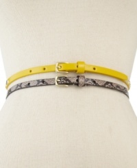 Here's the skinny: 2 super slender belts to add splash and panache to your everyday outfitting. Solid and studded or reptilian and ravishing, now you don't have to choose. From Steve Madden. Here's the skinny: 2 super slender belts to add splash and panache to your everyday outfitting. Solid and studded or reptilian and ravishing, now you don't have to choose. From Steve Madden.