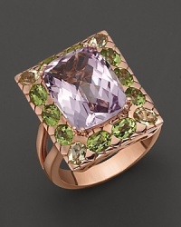 Faceted pink amethyst, framed in peridot and lemon quartz and set in 14K rose gold. Faceted pink amethyst, framed in peridot and lemon quartz and set in 14K rose gold.