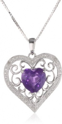 Sterling Silver Created Pink Sapphire and Diamond Heart Pendant Necklace, 18 Sterling Silver Created Pink Sapphire and Diamond Heart Pendant Necklace, 18
