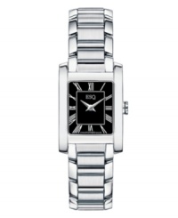 Stylish and bold, this creation from ESQ by Movado grabs attention. Stainless steel bracelet and rectangular case. Black dial features white Roman numerals, two silver-tone hands and logo. Swiss quartz movement. Water resistant to 30 meters. Two-year limited warranty. Stylish and bold, this creation from ESQ by Movado grabs attention. Stainless steel bracelet and rectangular case. Black dial features white Roman numerals, two silver-tone hands and logo. Swiss quartz movement. Water resistant to 30 meters. Two-year limited warranty.