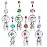 Stainless Steel Dream Catcher Woven Star Design with Bead and Feathers Fancy Belly Ring; Comes With Free Gift Box