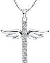 Sterling Silver Cubic Zirconia Angel Winged Cross Pendant Necklace with Box Chain 18 Inch - SP011n1