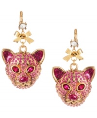 Jungle cat chic. Glitzy tiger charms and a dainty bow adorn these charming drop earrings from Betsey Johnson. Embellished with pink-colored crystals, they're crafted in antique gold tone mixed metal. Crystal accents at post. Approximate drop: 2-1/4 inches. Jungle cat chic. Glitzy tiger charms and a dainty bow adorn these charming drop earrings from Betsey Johnson. Embellished with pink-colored crystals, they're crafted in antique gold tone mixed metal. Crystal accents at post. Approximate drop: 2-1/4 inches.