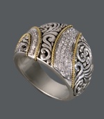 Make a statement of pure elegance. Balissima by Effy Collection's unique ribbon ring features a scrolling filigree setting and sparkling, round-cut diamonds (1/4 ct. t.w.). This statement ring is crafted in sterling silver with 18k gold accents. Size 7. Make a statement of pure elegance. Balissima by Effy Collection's unique ribbon ring features a scrolling filigree setting and sparkling, round-cut diamonds (1/4 ct. t.w.). This statement ring is crafted in sterling silver with 18k gold accents. Size 7.