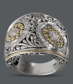 Like an exquisite piece of artwork, Balissima by Effy Collection's ornate style will attract a crowd. Crafted from scrolling sterling silver, ring features round-cut diamonds (1/3 ct. t.w.) and 18k gold accents. Size 7. Like an exquisite piece of artwork, Balissima by Effy Collection's ornate style will attract a crowd. Crafted from scrolling sterling silver, ring features round-cut diamonds (1/3 ct. t.w.) and 18k gold accents. Size 7.