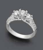 Style that shines. X3's intricate engagement ring features a three stone design in 18k white gold with certified, round-cut diamonds (1-1/2 ct. t.w.). Style that shines. X3's intricate engagement ring features a three stone design in 18k white gold with certified, round-cut diamonds (1-1/2 ct. t.w.).